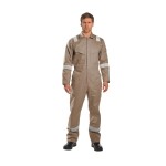 A khaki coverall featuring flame-resistant fabric, suitable for a wide range of outdoor and site work applications.