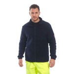 A navy blue fleece jacket featuring flame-resistant fabric, suitable for a wide range of outdoor and site work applications.