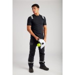A pair of black work trousers featuring flame-resistant fabric, suitable for a wide range of outdoor and site work applications.