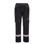 A pair of black work trousers featuring flame-resistant fabric, suitable for a wide range of outdoor and site work applications.
