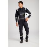 A black workwear garment featuring flame-resistant fabric, suitable for a wide range of outdoor and site work applications.