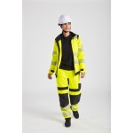 A pair of women's high-visibility yellow trousers featuring retroreflective tape panels, flame-resistant fabric, suitable for a wide range of outdoor and site work applications.