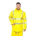 A high-visibility yellow jacket featuring retroreflective tape panels, flame-resistant fabric, suitable for a wide range of outdoor and site work applications.