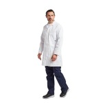 A white jacket designed for use on construction sites and in industrial work environments.,