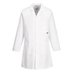 A white jacket designed for use on construction sites and in industrial work environments.,