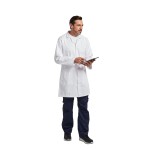 A white jacket designed for use on construction sites and in industrial work environments.,