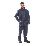 A navy blue jacket featuring flame-resistant fabric, suitable for a wide range of outdoor and site work applications.