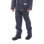 A pair of navy blue work trousers featuring flame-resistant fabric, suitable for a wide range of outdoor and site work applications.