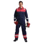 A navy blue jacket featuring flame-resistant fabric, suitable for a wide range of outdoor and site work applications.