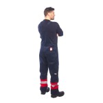 A navy blue workwear garment featuring flame-resistant fabric, suitable for a wide range of outdoor and site work applications.