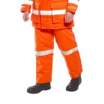 A orange workwear garment featuring anti-static properties, flame-resistant fabric, suitable for a wide range of outdoor and site work applications.