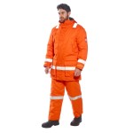 A orange padded jacket featuring a warm thermal lining, flame-resistant fabric, suitable for a wide range of outdoor and site work applications.