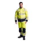 A high-visibility yellow jacket featuring retroreflective tape panels, flame-resistant fabric, suitable for a wide range of outdoor and site work applications.