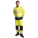 A high-visibility yellow jacket featuring retroreflective tape panels, flame-resistant fabric, suitable for a wide range of outdoor and site work applications.