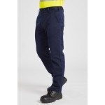 A pair of navy blue work trousers featuring flame-resistant fabric, suitable for a wide range of outdoor and site work applications.