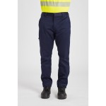 A pair of navy blue work trousers featuring flame-resistant fabric, suitable for a wide range of outdoor and site work applications.