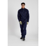 A navy blue jacket featuring flame-resistant fabric, suitable for a wide range of outdoor and site work applications.
