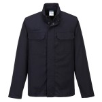 A navy blue jacket featuring flame-resistant fabric, suitable for a wide range of outdoor and site work applications.