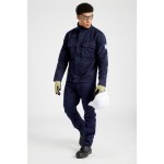 A navy blue jacket featuring flame-resistant fabric, suitable for a wide range of outdoor and site work applications.