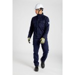 A navy blue jacket featuring flame-resistant fabric, suitable for a wide range of outdoor and site work applications.