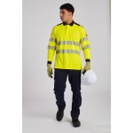A high-visibility yellow polo shirt featuring retroreflective tape panels, flame-resistant fabric, suitable for a wide range of outdoor and site work applications.