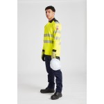A high-visibility yellow polo shirt featuring retroreflective tape panels, flame-resistant fabric, suitable for a wide range of outdoor and site work applications.