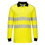 A high-visibility yellow polo shirt featuring retroreflective tape panels, flame-resistant fabric, suitable for a wide range of outdoor and site work applications.