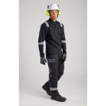 A black polo shirt featuring flame-resistant fabric, suitable for a wide range of outdoor and site work applications.