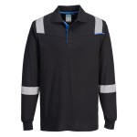 A black polo shirt featuring flame-resistant fabric, suitable for a wide range of outdoor and site work applications.
