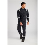 A black polo shirt featuring flame-resistant fabric, suitable for a wide range of outdoor and site work applications.