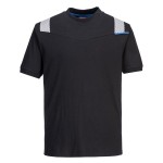A black work shirt featuring flame-resistant fabric, suitable for a wide range of outdoor and site work applications.