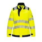 A women's high-visibility yellow jacket featuring retroreflective tape panels, flame-resistant fabric, suitable for a wide range of outdoor and site work applications.