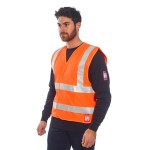 A high-visibility orange vest featuring retroreflective tape panels, flame-resistant fabric, suitable for a wide range of outdoor and site work applications.