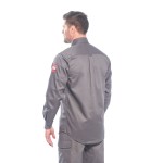 A grey work shirt featuring flame-resistant fabric, suitable for a wide range of outdoor and site work applications.