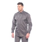 A grey work shirt featuring flame-resistant fabric, suitable for a wide range of outdoor and site work applications.
