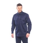 A navy blue work shirt featuring flame-resistant fabric, suitable for a wide range of outdoor and site work applications.