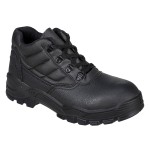 A black composite safety boot with an anti-slip sole and padded collar, designed for comfort and protection during extended site work.