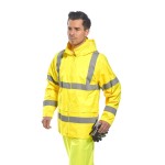 A high-visibility yellow waterproof jacket featuring retroreflective tape panels, suitable for a wide range of outdoor and site work applications.