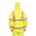 A high-visibility yellow waterproof jacket featuring retroreflective tape panels, suitable for a wide range of outdoor and site work applications.