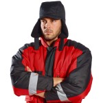 A black workwear garment designed for use on construction sites and in industrial work environments.,