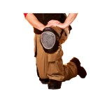 A pair of foam-padded knee pads with adjustable straps, designed to protect the knees during kneeling work.