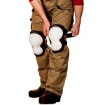 A pair of foam-padded knee pads with adjustable straps, designed to protect the knees during kneeling work.