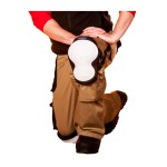 A pair of foam-padded knee pads with adjustable straps, designed to protect the knees during kneeling work.