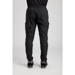 A pair of black work trousers designed for use on construction sites and in industrial work environments.,
