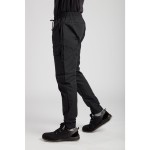 A pair of black work trousers designed for use on construction sites and in industrial work environments.,