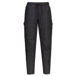 A pair of black work trousers designed for use on construction sites and in industrial work environments.,