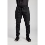 A pair of black work trousers designed for use on construction sites and in industrial work environments.,