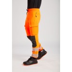 A high-visibility orange workwear garment featuring retroreflective tape panels, stretch panels for ease of movement, suitable for a wide range of outdoor and site work applications.