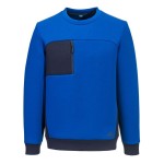 A navy blue work shirt designed for use on construction sites and in industrial work environments.,