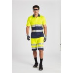 A high-visibility yellow workwear garment featuring retroreflective tape panels, suitable for a wide range of outdoor and site work applications.